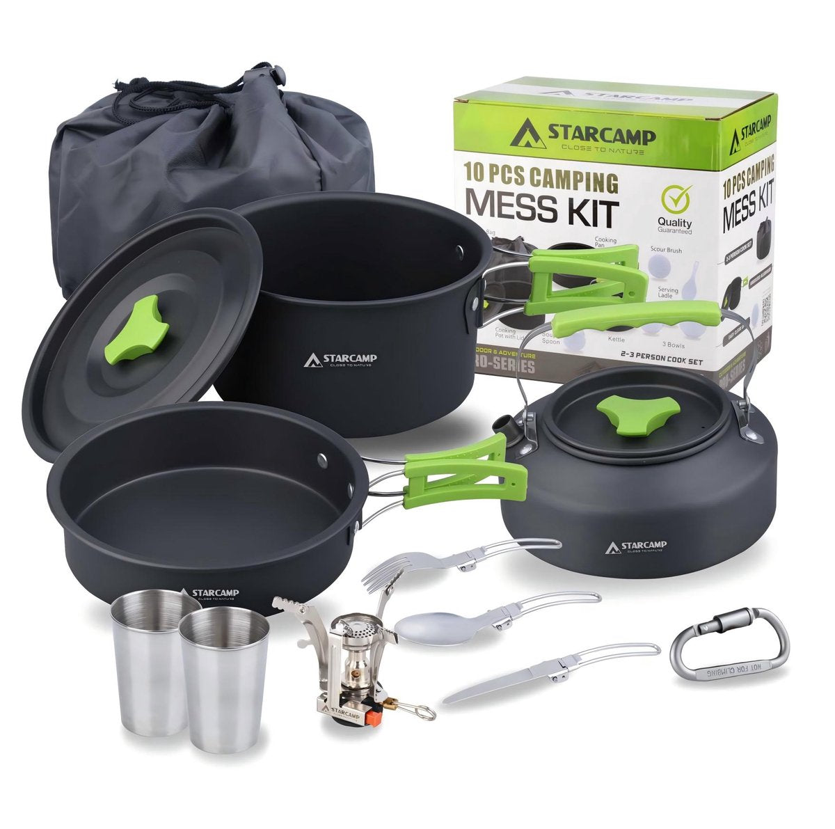 STARCAMP 11-in-1 outdoor kookset uitgestald met pannen, waterkoker, 3000W gasbrander, RVS bekers en bestek