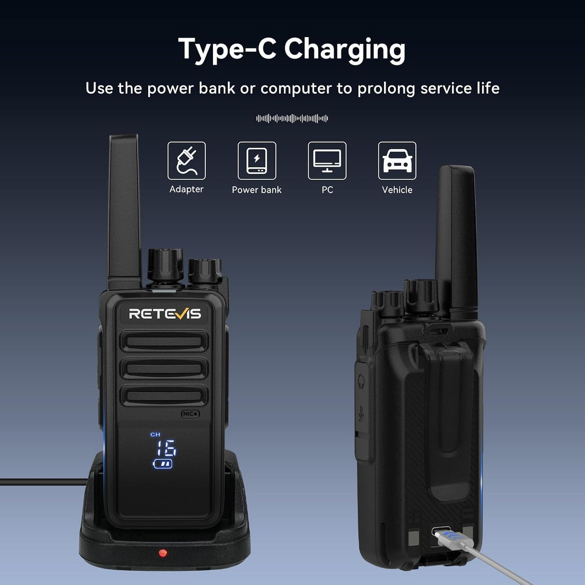 Zwarte Retevis RT668H PMR446 portofoon met USB-C oplaadpoort en robuuste behuizing