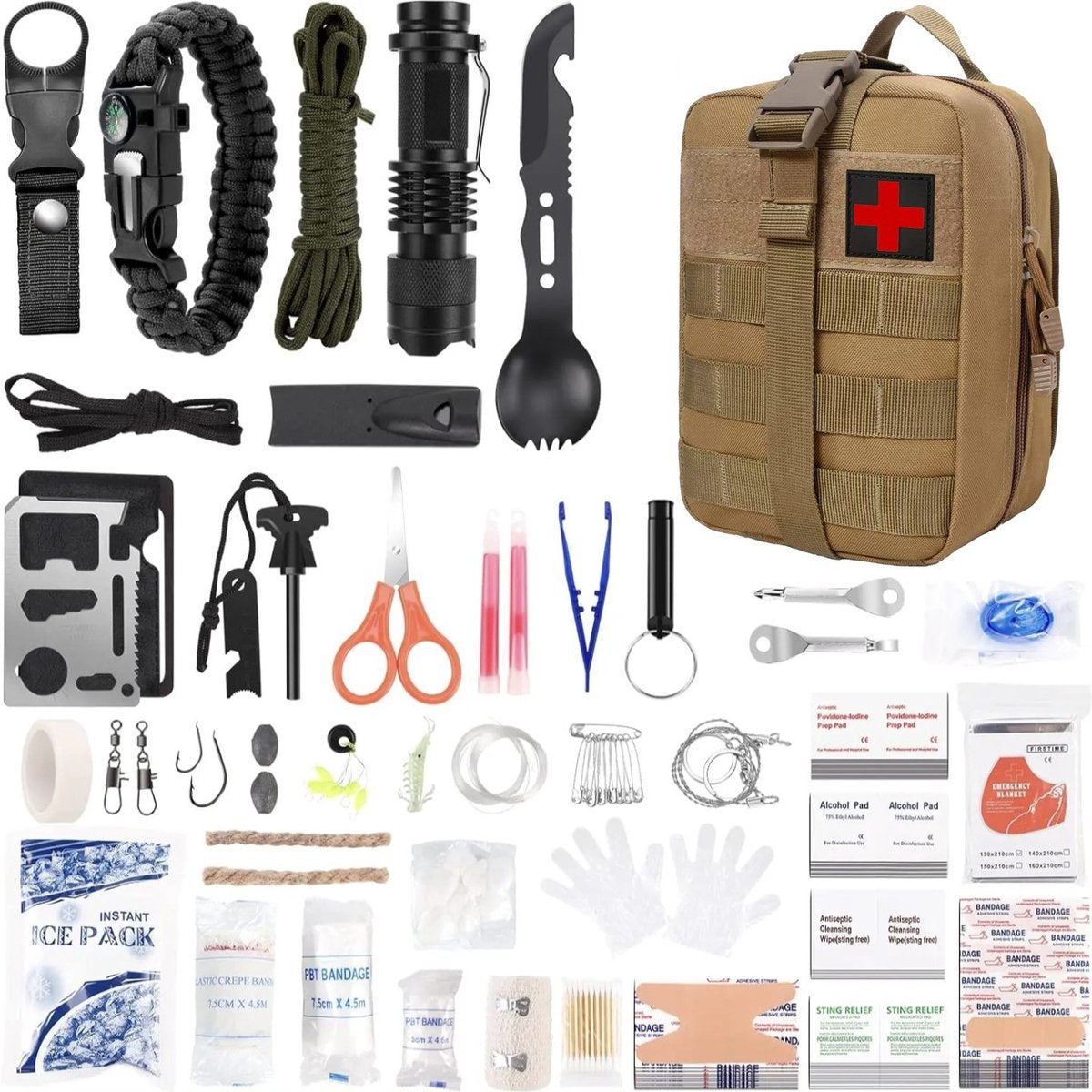 Pack Away 65-delige EHBO en survival kit uitgestald met bruine MOLLE tas, zaklamp, fire starter en medische verbandmiddelen