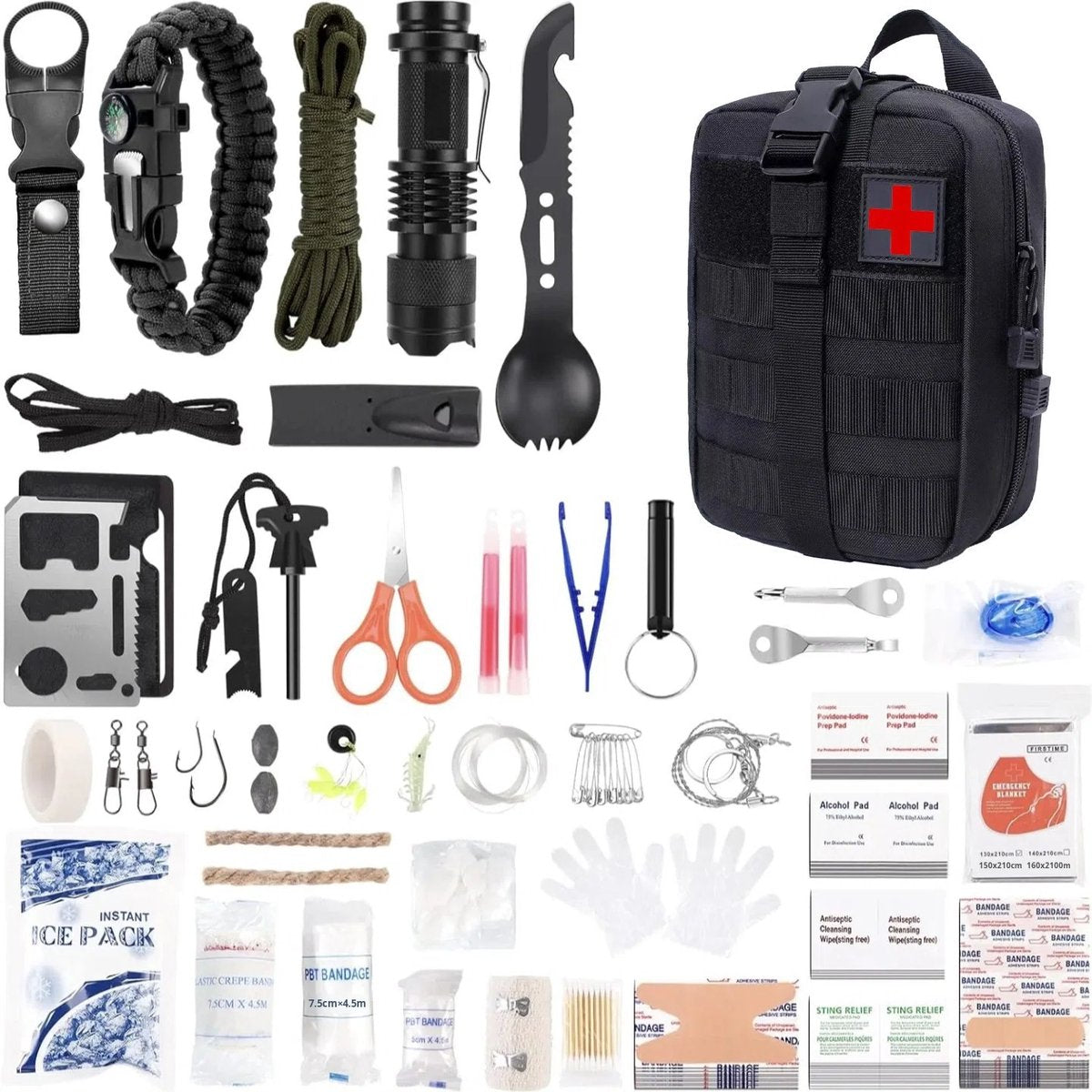 Pack Away 65-delige EHBO en survival kit uitgestald met zwarte MOLLE tas, zaklamp, fire starter en medische verbandmiddelen