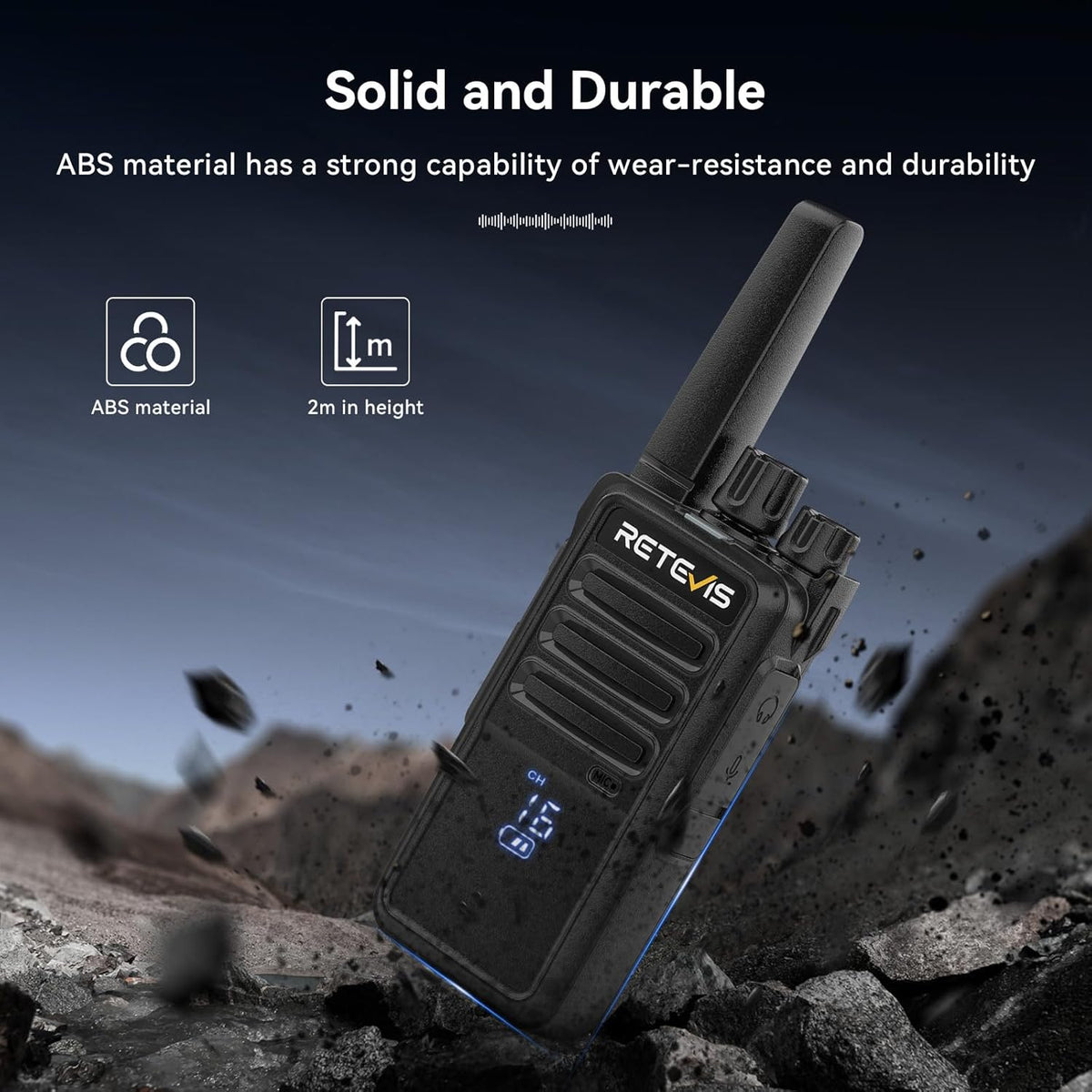 Zwarte Retevis RT668H PMR446 portofoon met USB-C oplaadpoort en robuuste behuizing