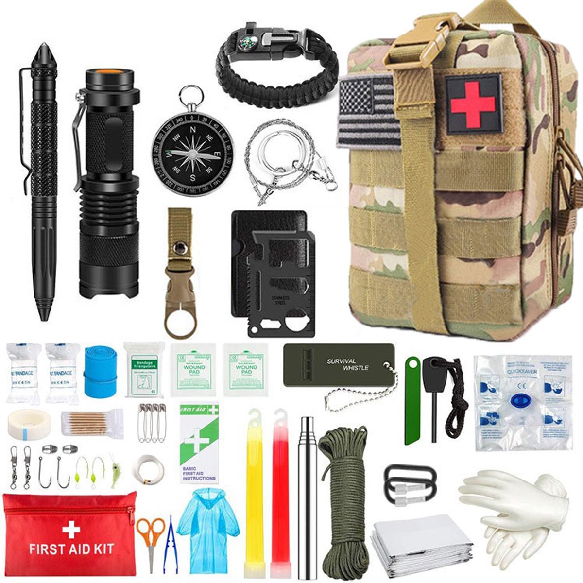 Pack Away Camouflage YJTZ-008 complete survival kit uitgestald met tactische tas, rode EHBO tas, zaklamp en vuurstarter