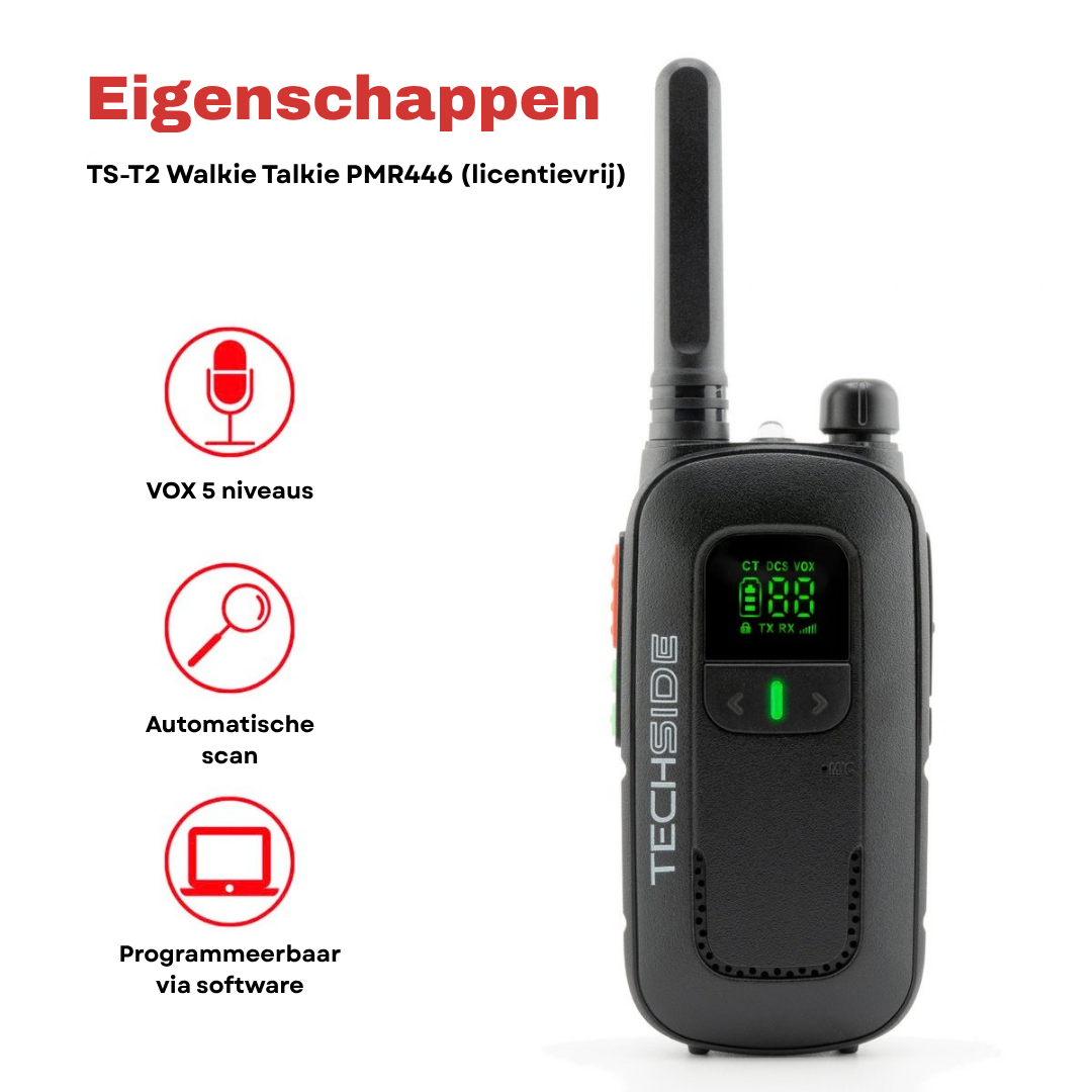 Vooraanzicht van de ultracompacte 32mm dunne Techside TS-T2 portofoon met verlicht contrast-display