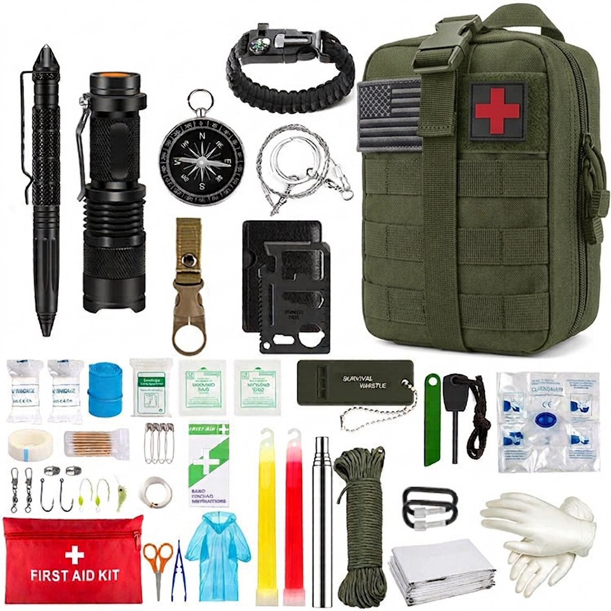 Pack Away Groene YJTZ-008 complete survival kit uitgestald met tactische tas, rode EHBO tas, zaklamp en vuurstarter