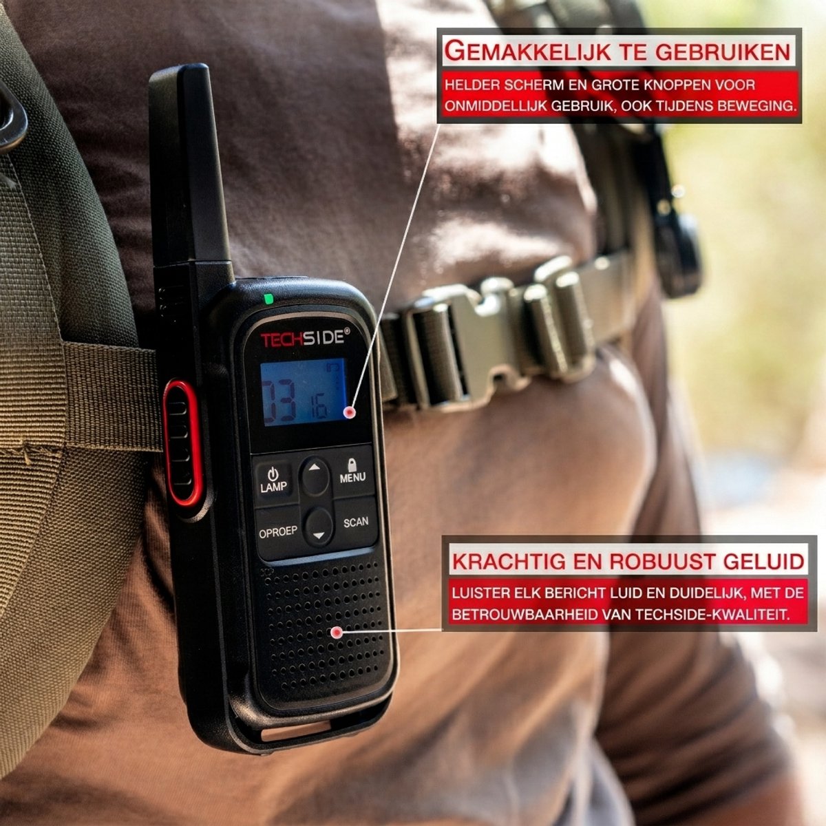 TechSide TS-T3 Go vergunningsvrije PMR446 portofoon in gebruik tijdens hiken en kamperen
