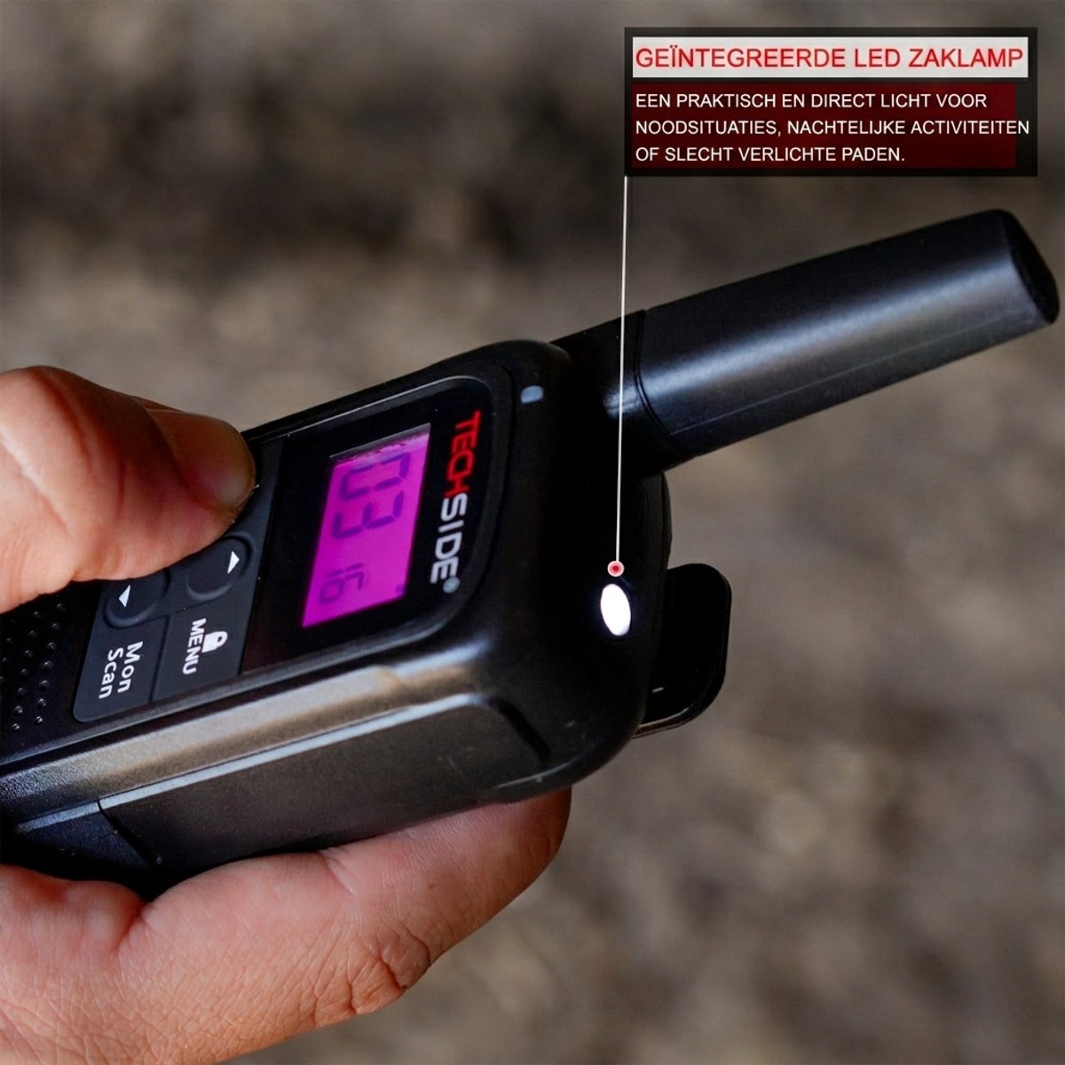 Zijaanzicht TechSide TS-T3 Go portofoon met verlicht display en ingebouwde LED-zaklamp