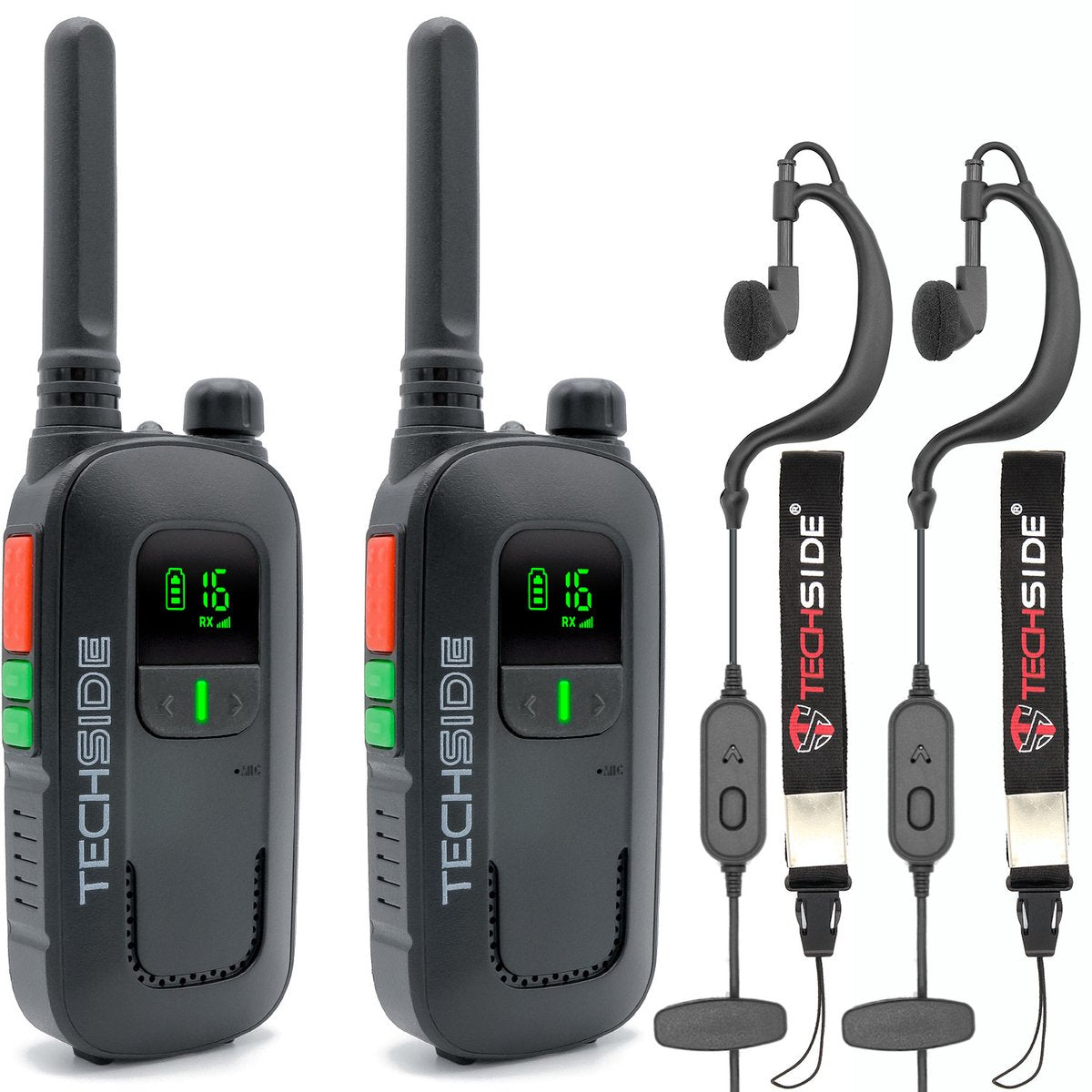 Techside TS-T2 walkie-talkie set van 2 stuks in zwart met display, riemclips en USB-oplaadkabel