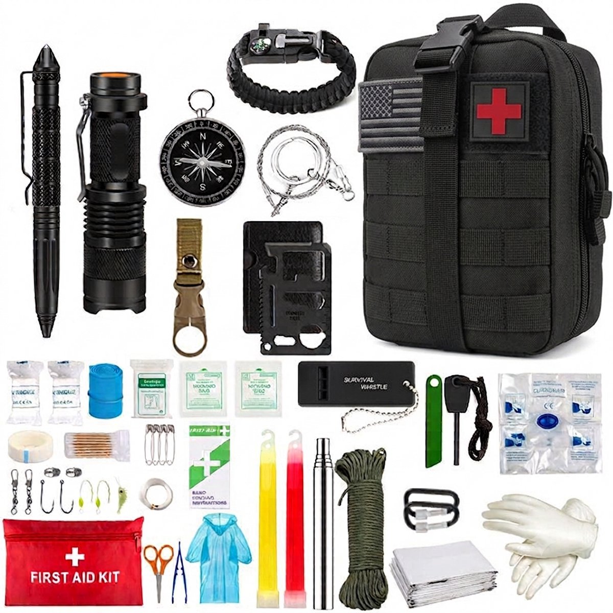Pack Away zwarte YJTZ-008 complete survival kit uitgestald met tactische tas, rode EHBO tas, zaklamp en vuurstarter