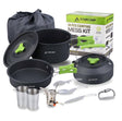 STARCAMP 11-in-1 outdoor kookset uitgestald met pannen, waterkoker, 3000W gasbrander, RVS bekers en bestek