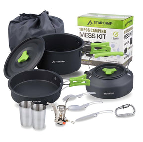 STARCAMP 11-in-1 outdoor kookset uitgestald met pannen, waterkoker, 3000W gasbrander, RVS bekers en bestek