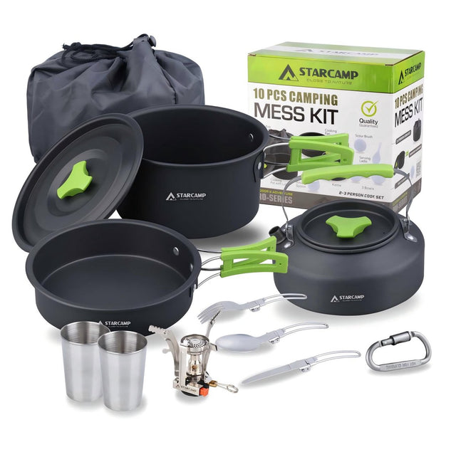 STARCAMP 11-in-1 outdoor kookset uitgestald met pannen, waterkoker, 3000W gasbrander, RVS bekers en bestek