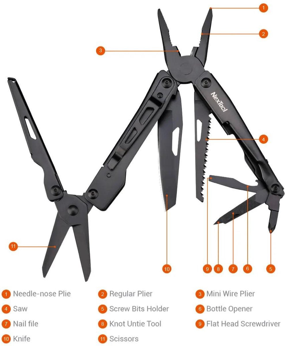 NexTool - Black Knight - Zakmes - Multitool - 11-In-1