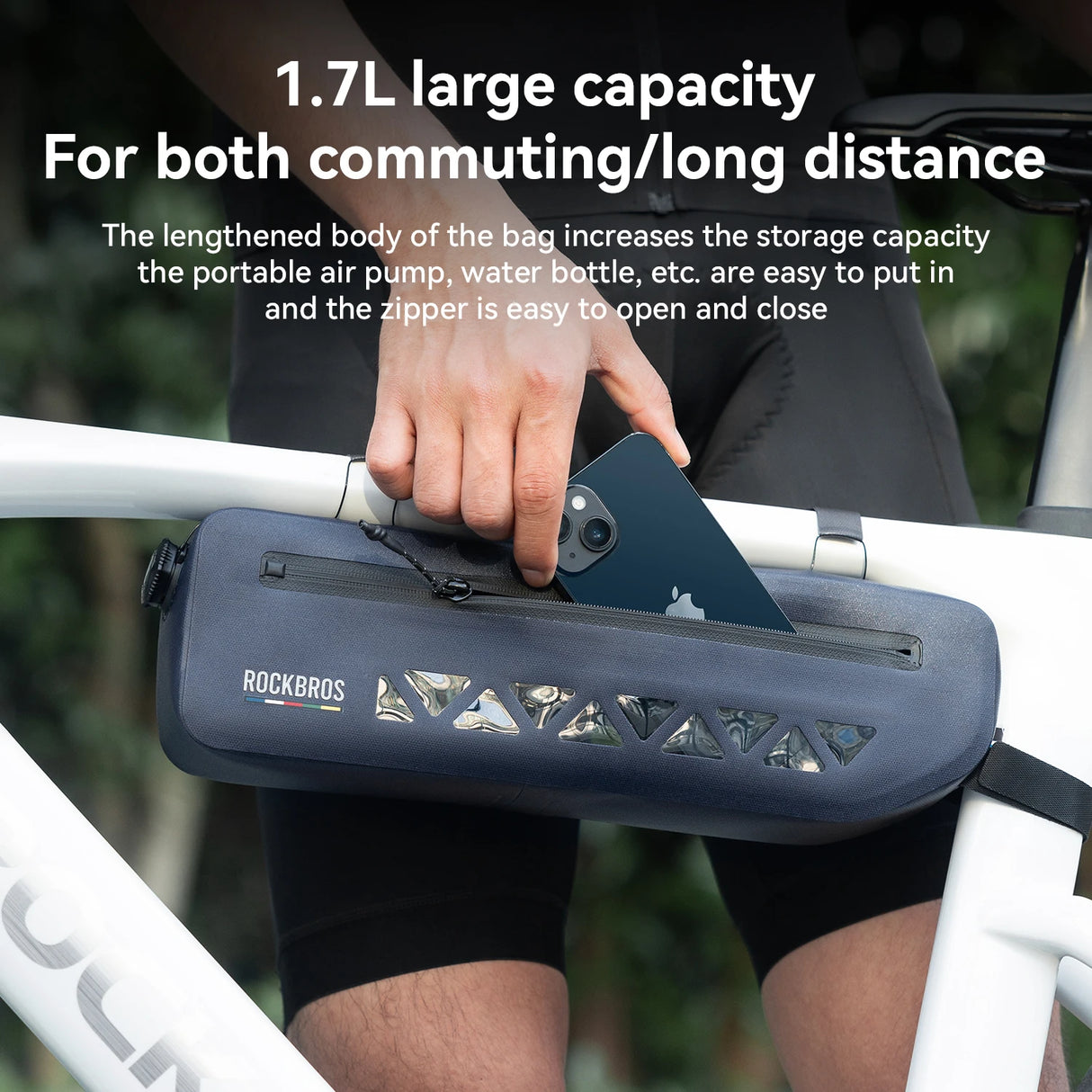 Regenbestendige fietsframetas met grote capaciteit voor de voorste buis, gemonteerd op de fiets